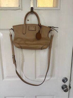 Nine West Beige/Tan Leather Crossbody Satchel with Top Handles